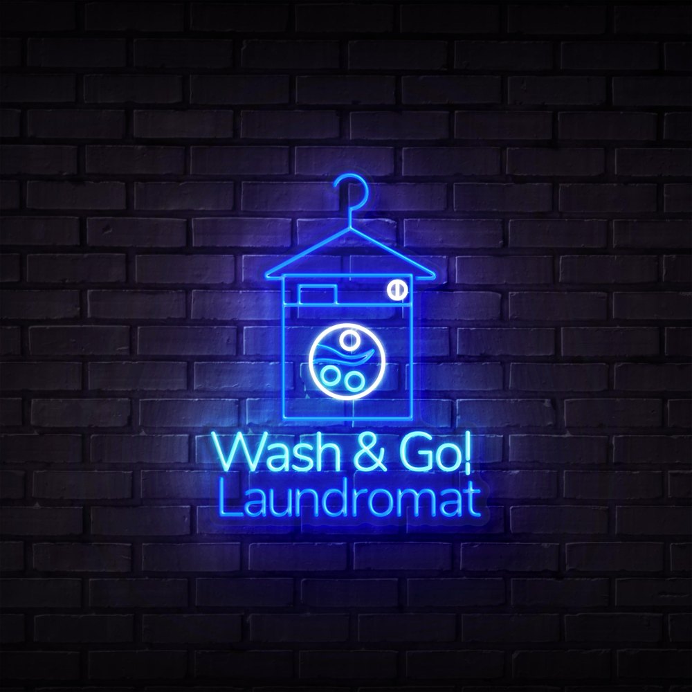 Wash and Go Laundromat blue neon logo